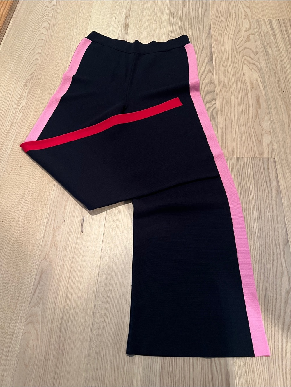 Maeve Black Wide-Leg Knit Pants with Pink Side Panels and Red Accent